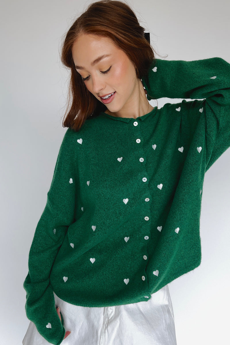 The Riggs Heart Embroidered Button-Down Sweater in Kelly Green + White