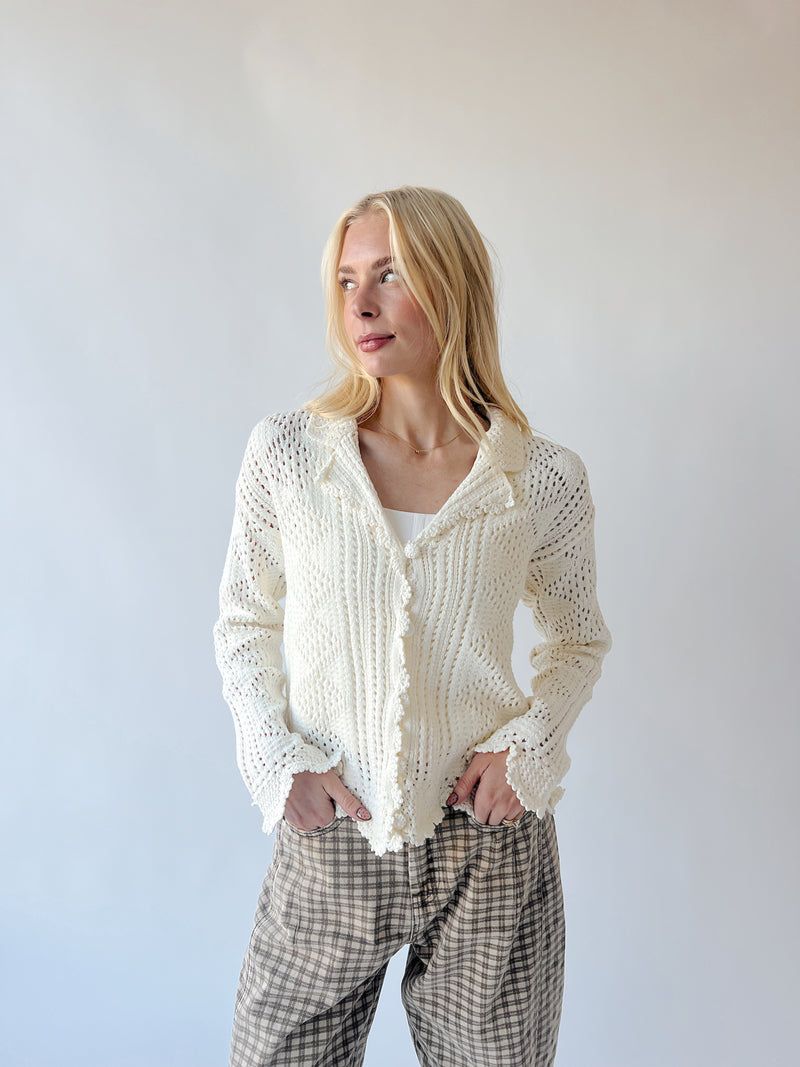 The Abigail Knit Crochet Cardigan in Off White