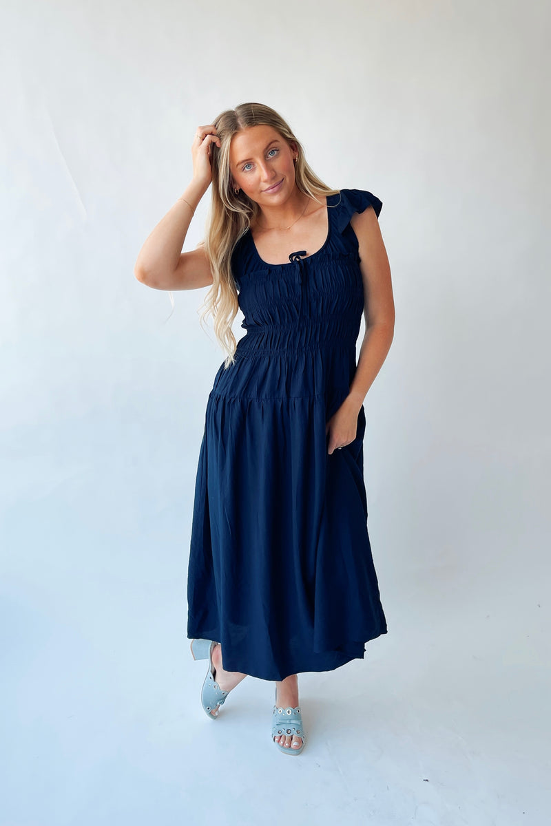 The Malta Shirred Bodice Midi Dress in Navy