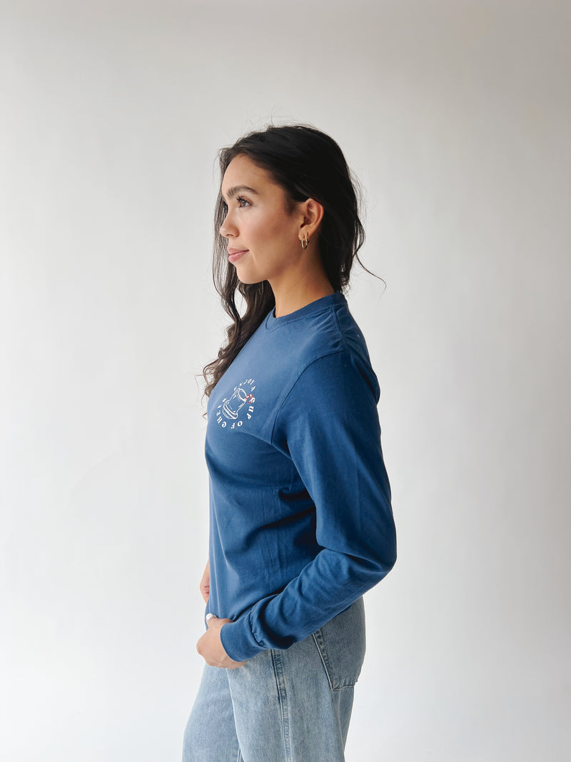 The Enjoy a Cup of Cheer Graphic Tee in Blue