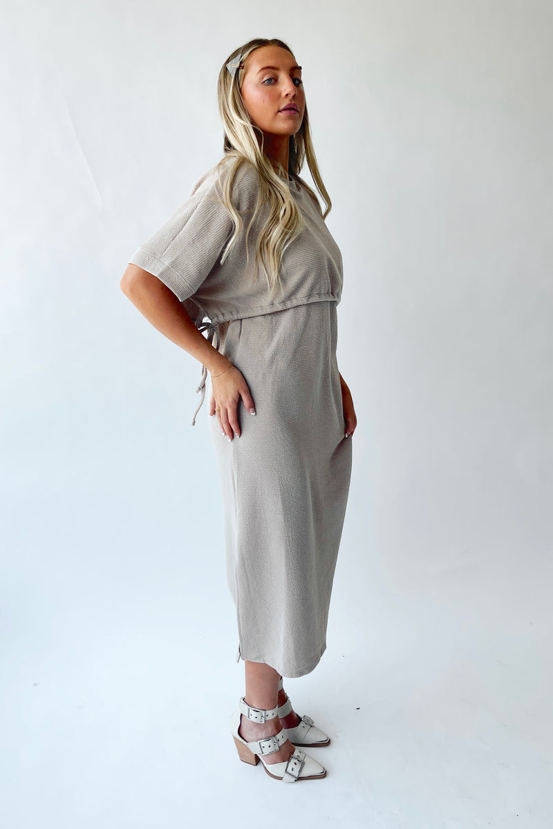 The Andra Tie Detail Midi Dress in Taupe