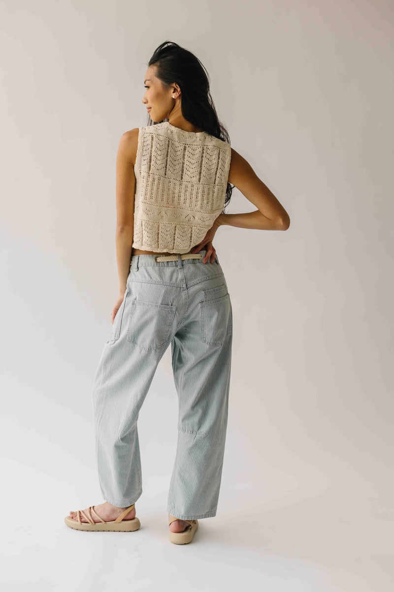 The Yorkana Eyelet Waist Barrel Jean in Striped Denim