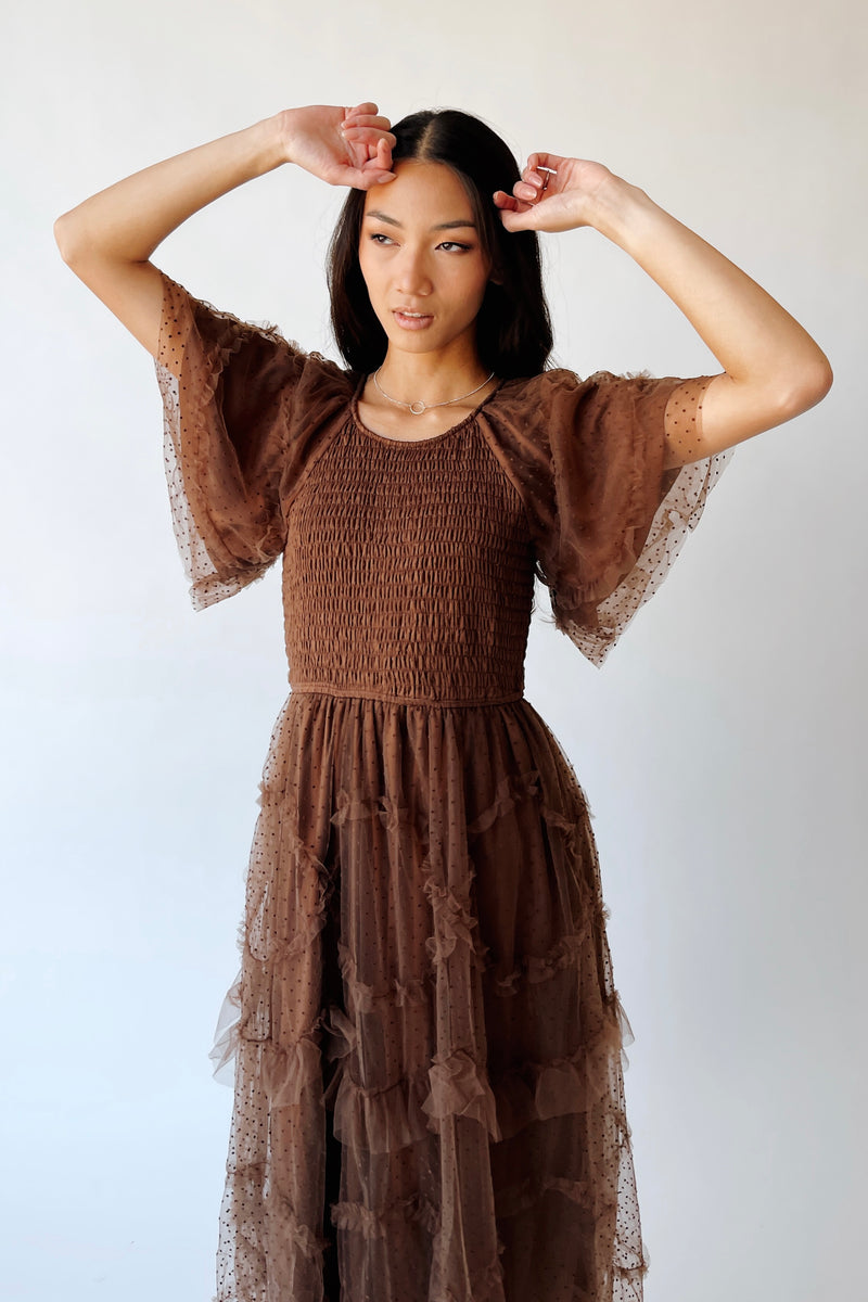 The Mazie Smocked Bodice Midi Dress in Brown