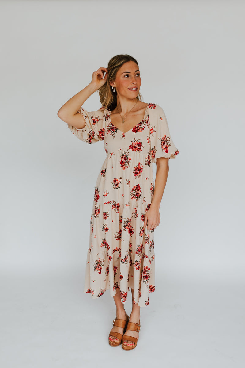 The Scavetta Floral Midi Dress in Beige Multi