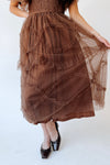 The Mazie Smocked Bodice Midi Dress in Brown