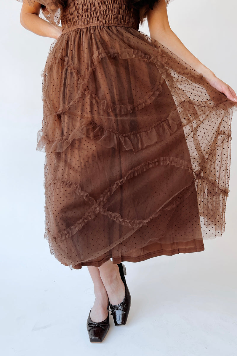 The Mazie Smocked Bodice Midi Dress in Brown