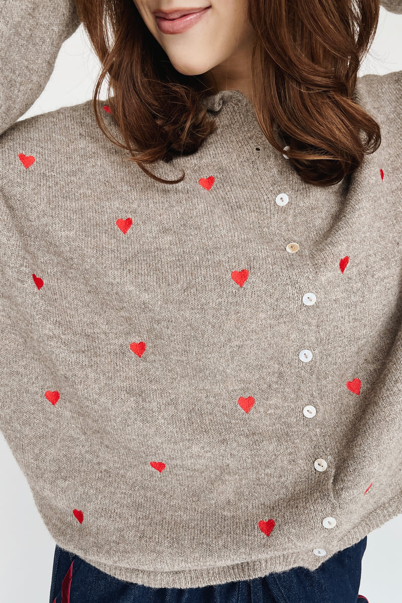 The Riggs Heart Embroidered Button-Down Sweater in Mocha + Red