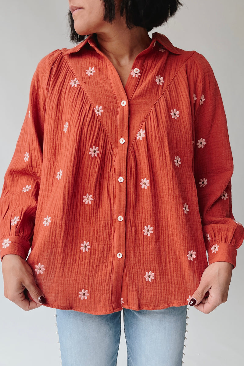 The Townsley Floral Embroidered Blouse in Rust