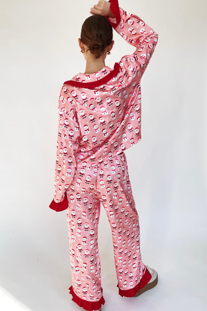 The Holly Jolly Ruffle Pajama Set in Pink + Red