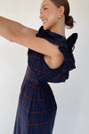 The Bauserman Ruffle Sleeve Midi Dress in Navy Plaid