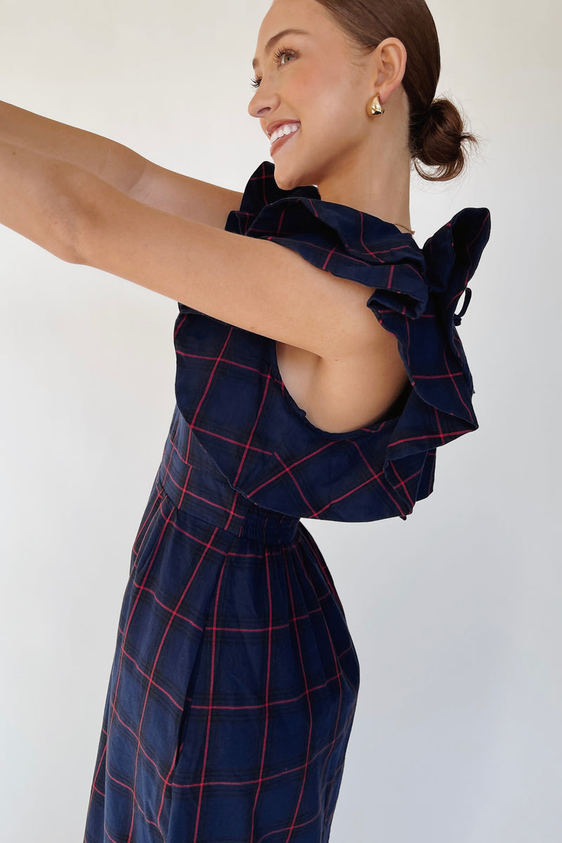 The Bauserman Ruffle Sleeve Midi Dress in Navy Plaid
