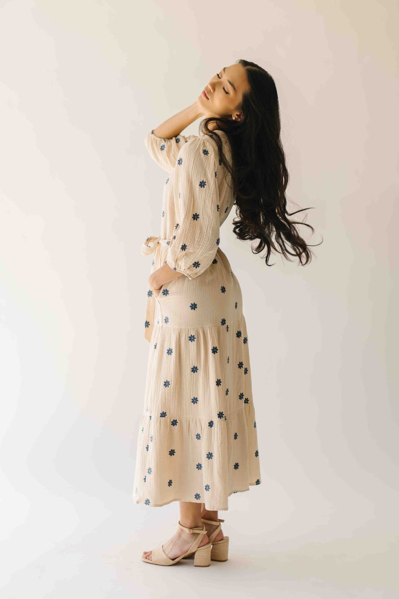 The Odette Printed Floral Midi Dress in Natural + Navy