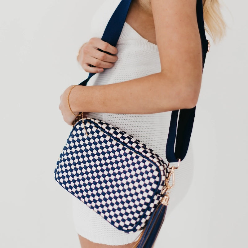 The Woven Willow Camera Crossbody Bag in Checkered Navy