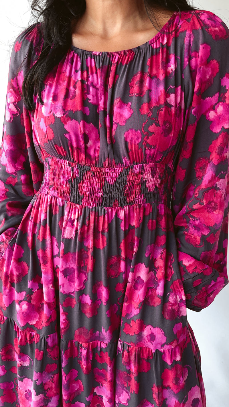 The Oscar Floral Midi Dress in Ruby Plum