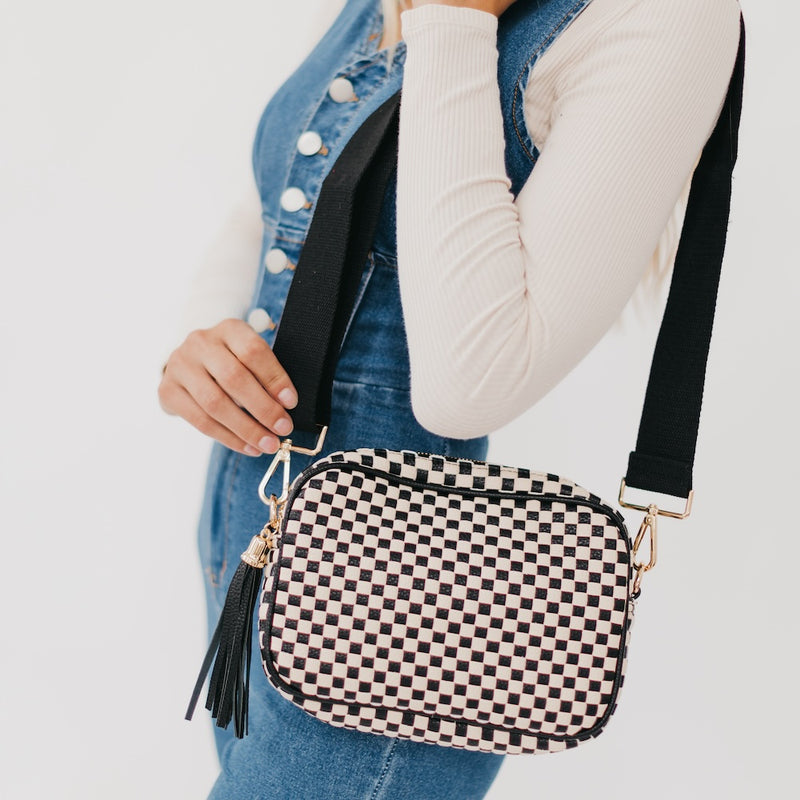 The Woven Willow Camera Crossbody Bag in Checkered Black