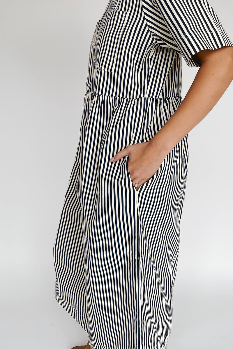 The Tenney Striped Half Zip Midi Dress in Navy + Cream