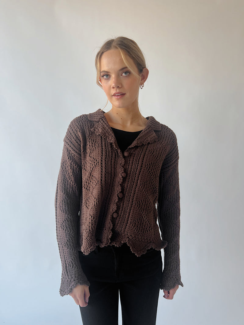 The Abigail Knit Crochet Cardigan in Brown