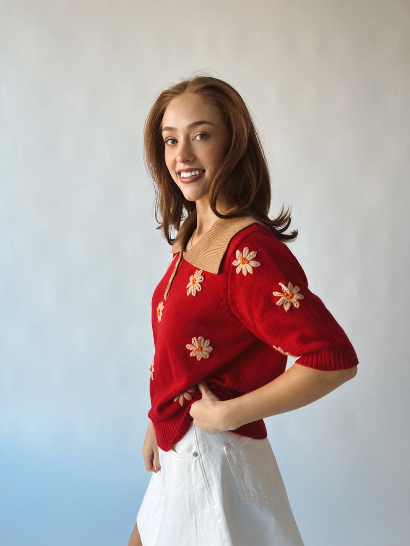 The Swayne Stitched Floral Sweater in Red