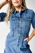 The Devoto Tiered Midi Dress in Washed Denim