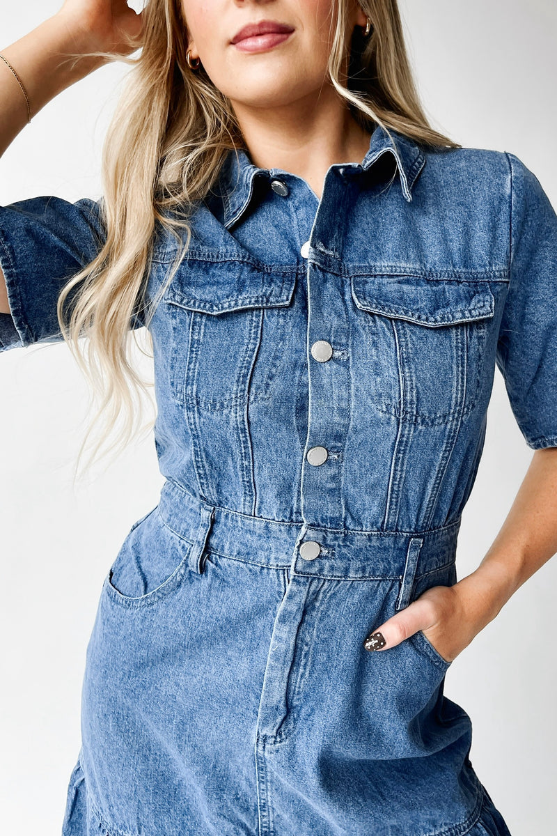 The Devoto Tiered Midi Dress in Washed Denim