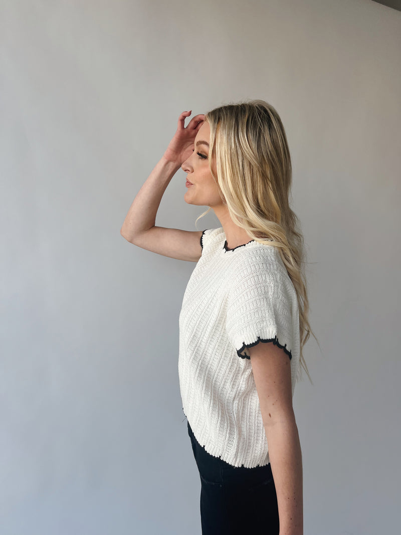 The Shelly Scallop Edge Sweater in Ivory + Black
