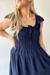 The Malta Shirred Bodice Midi Dress in Navy