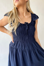 The Malta Shirred Bodice Midi Dress in Navy
