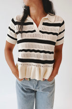 The Nixon Knit Ruffle Hem Sweater in Black Stripe
