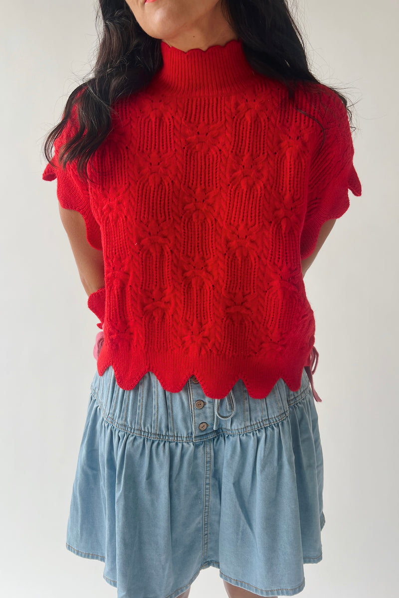 The Abbie Scallop Edge Sweater Vest in Red