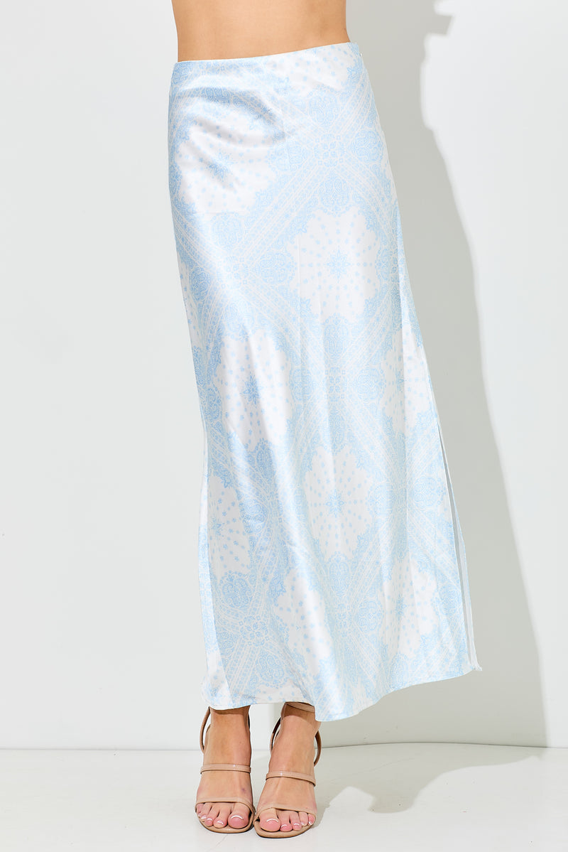 The Jennika Bandana Print Satin Skirt in Light Blue
