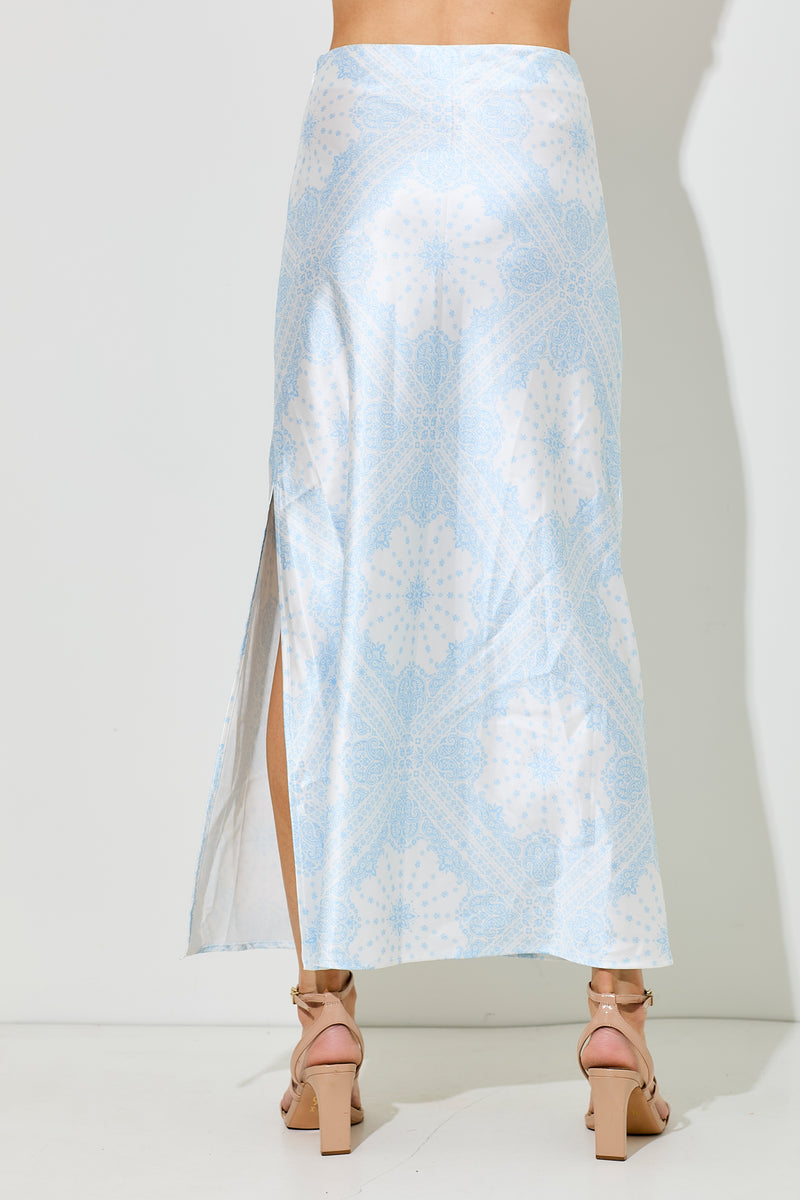 The Jennika Bandana Print Satin Skirt in Light Blue