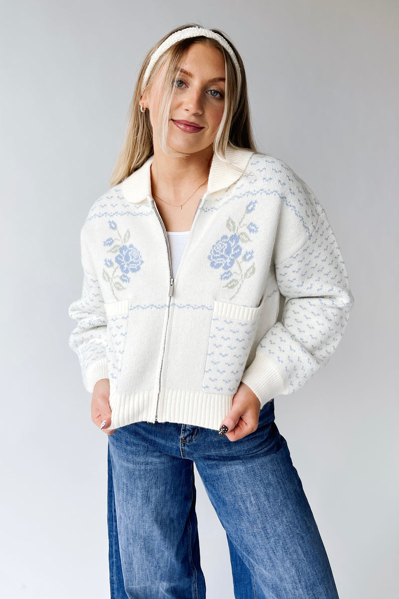 The Anita Rose Knit Jacket in Cream + Blue