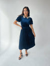 The Francie Rhinestone Velvet Midi Dress in Navy