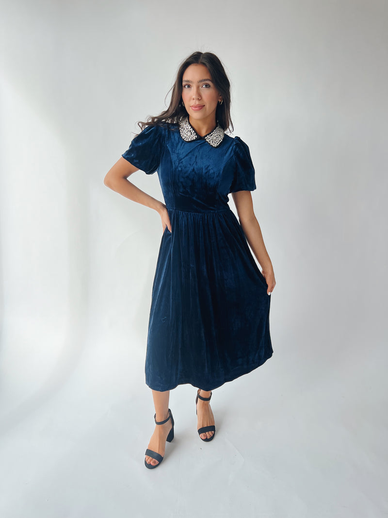The Francie Rhinestone Velvet Midi Dress in Navy