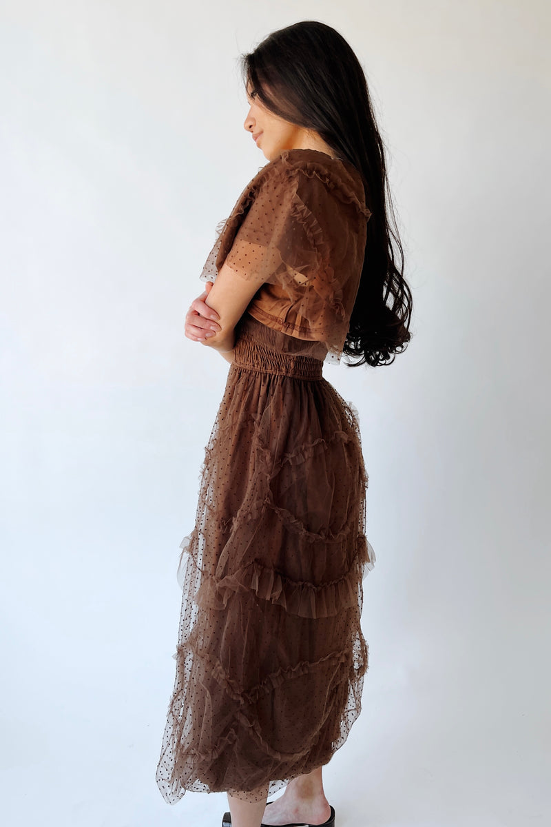The Mazie Smocked Bodice Midi Dress in Brown
