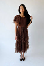 The Mazie Smocked Bodice Midi Dress in Brown