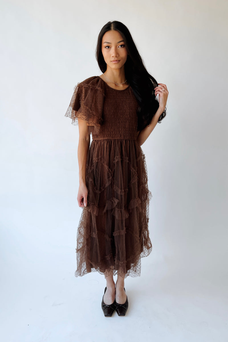 The Mazie Smocked Bodice Midi Dress in Brown