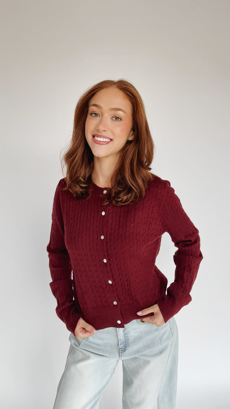 The Tomberlin Cable Knit Cardigan in Maroon