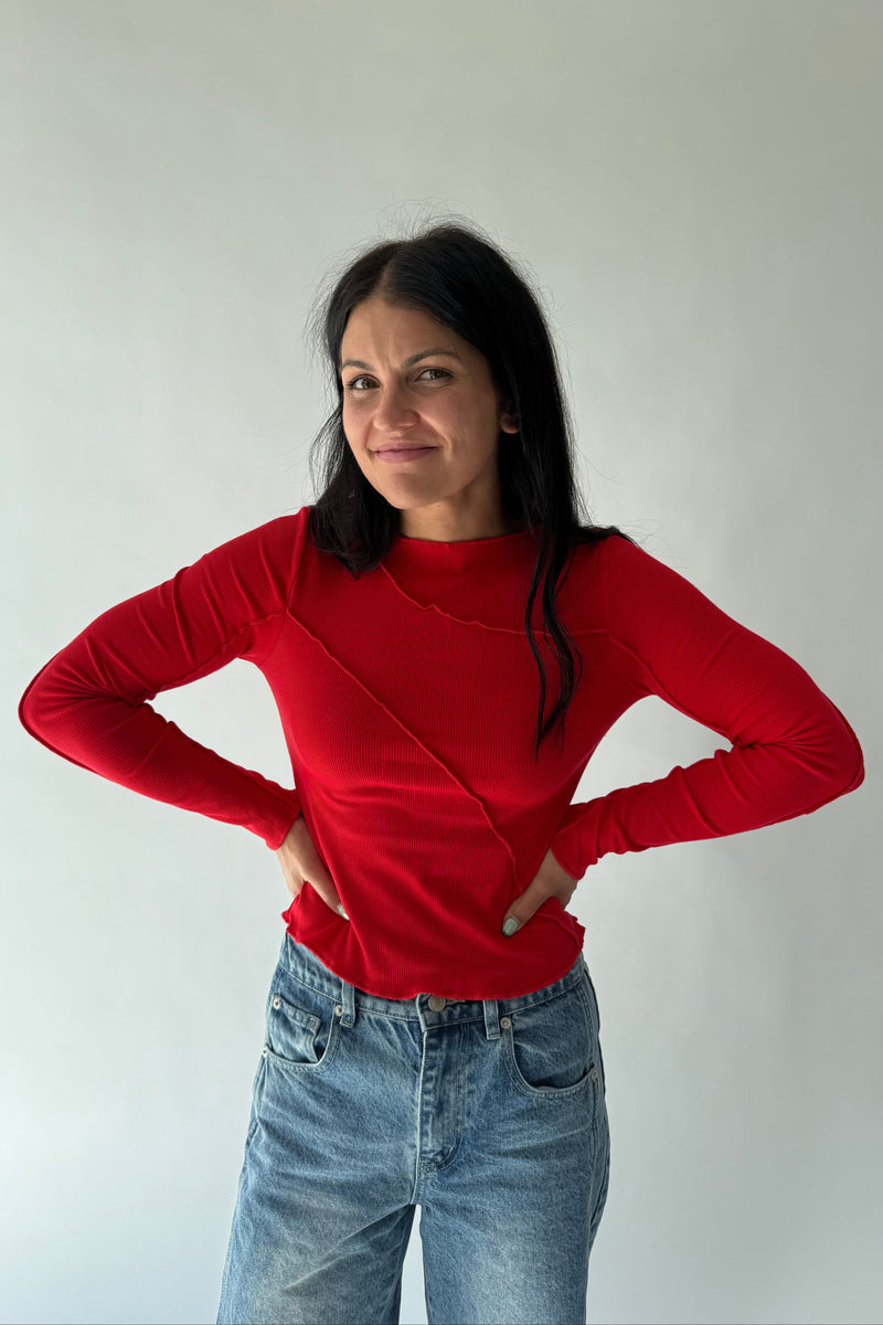 The Ginny Asymmetrical Long Sleeve Tee in Red