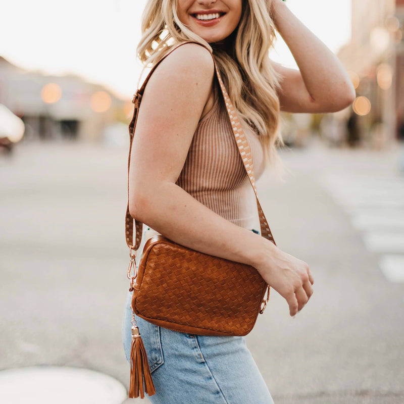 The Woven Willow Camera Crossbody Bag in Brown