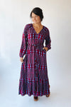 The Michelle V-Neck Patterned Dress in Burgundy + Blue