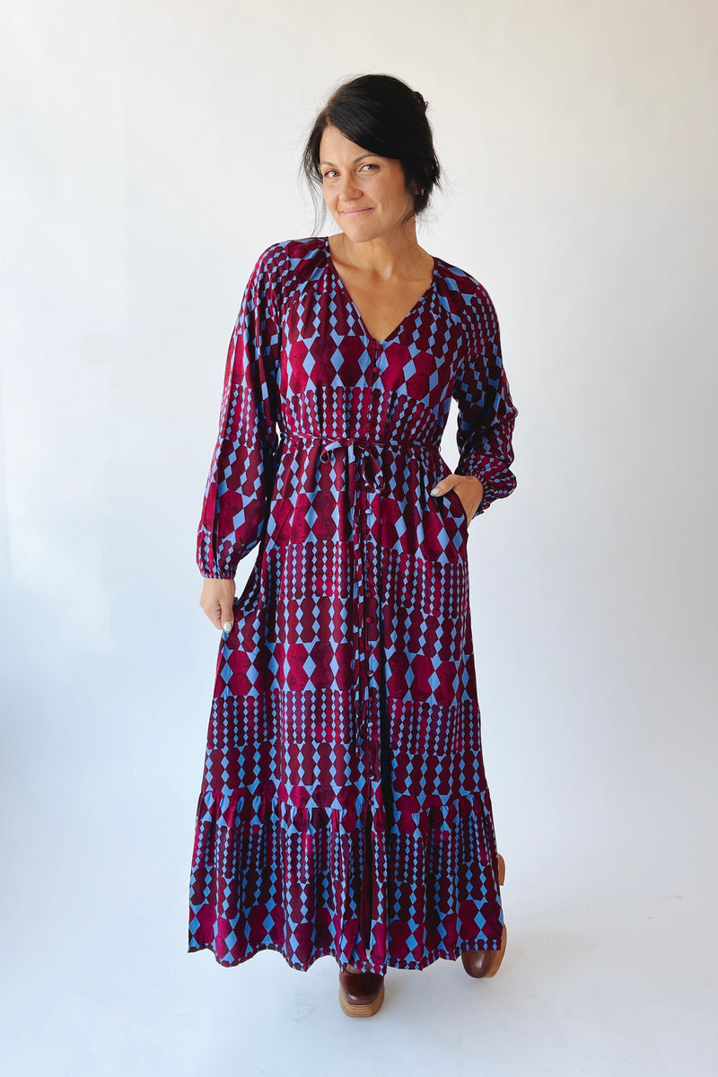 The Michelle V-Neck Patterned Dress in Burgundy + Blue