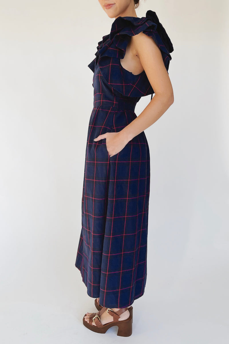 The Bauserman Ruffle Sleeve Midi Dress in Navy Plaid