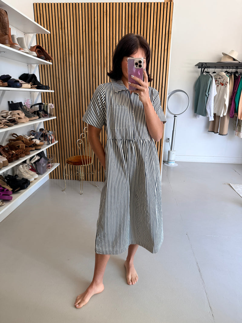 The Tenney Striped Half Zip Midi Dress in Navy + Cream