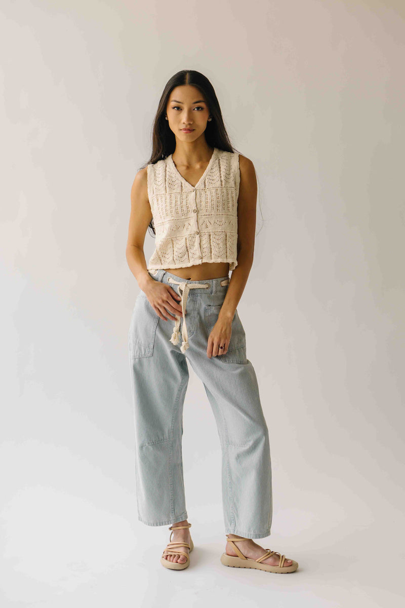The Yorkana Eyelet Waist Barrel Jean in Striped Denim