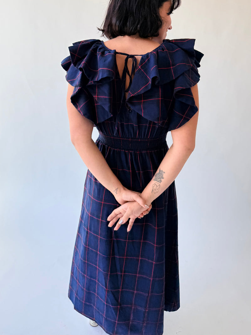 The Bauserman Ruffle Sleeve Midi Dress in Navy Plaid