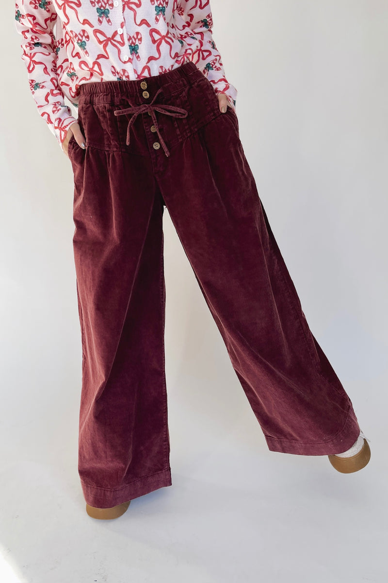 The Dorsey Corduroy Pin Tuck Wide Leg Pant in Burgundy
