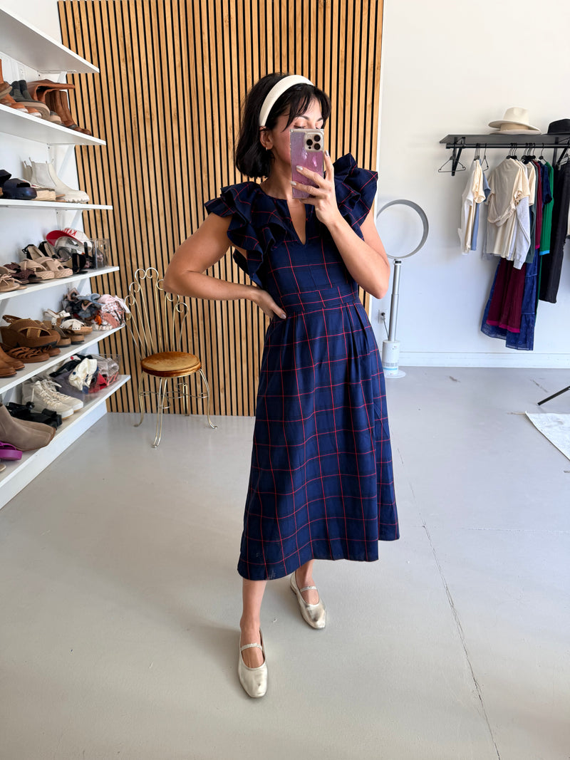 The Bauserman Ruffle Sleeve Midi Dress in Navy Plaid