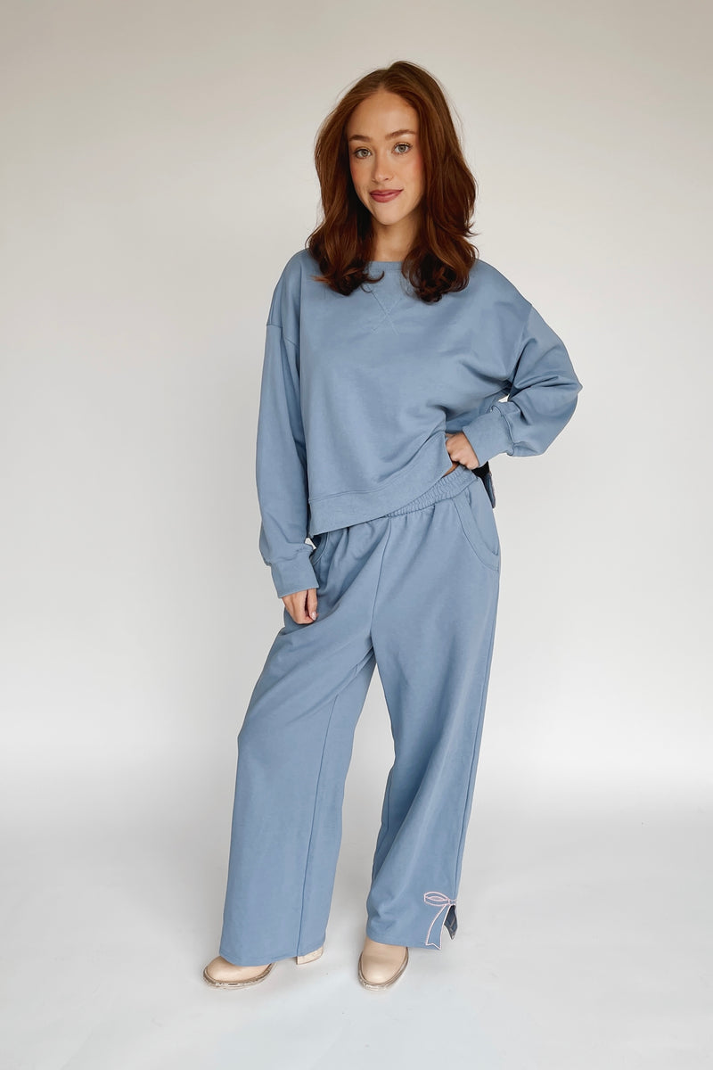 The Stevison Bow Embroidered Pant in Dusty Blue