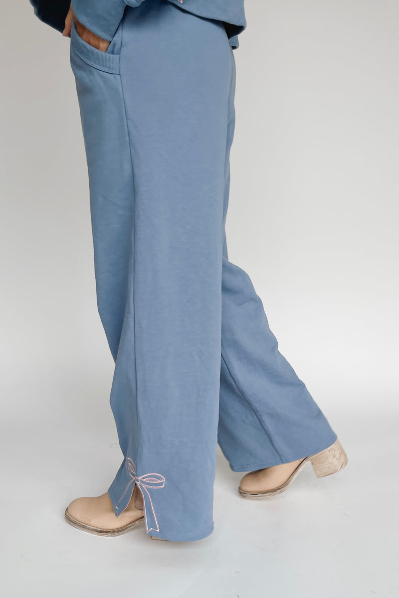 The Stevison Bow Embroidered Pant in Dusty Blue